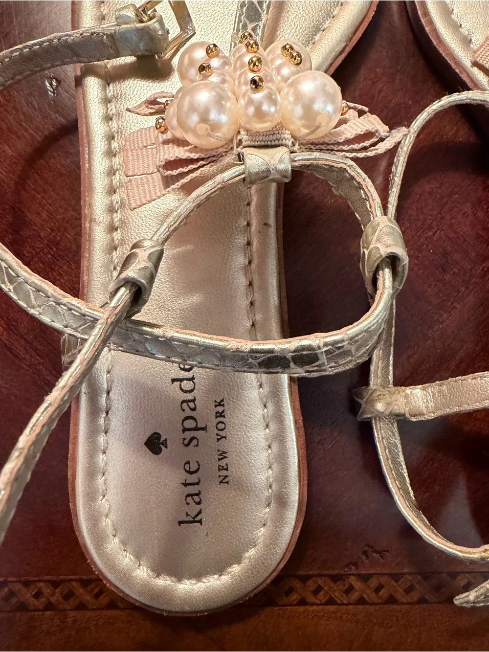 Kate Spade NY Pearl-Cluster Metallic Gold T-Strap Sandals 8.5